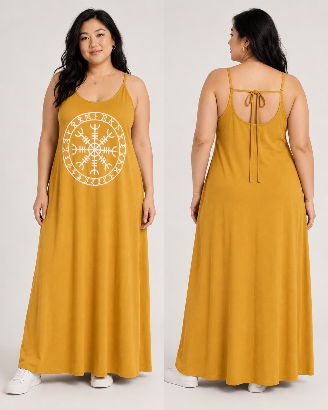 Vestido de Alça Elmo com Alfabeto de Runas — Amarelo Mostarda