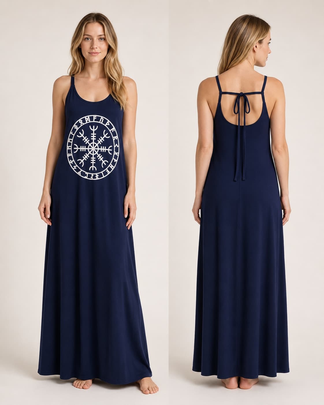 Vestido de Alça Elmo com Alfabeto de Runas — Azul Marinho