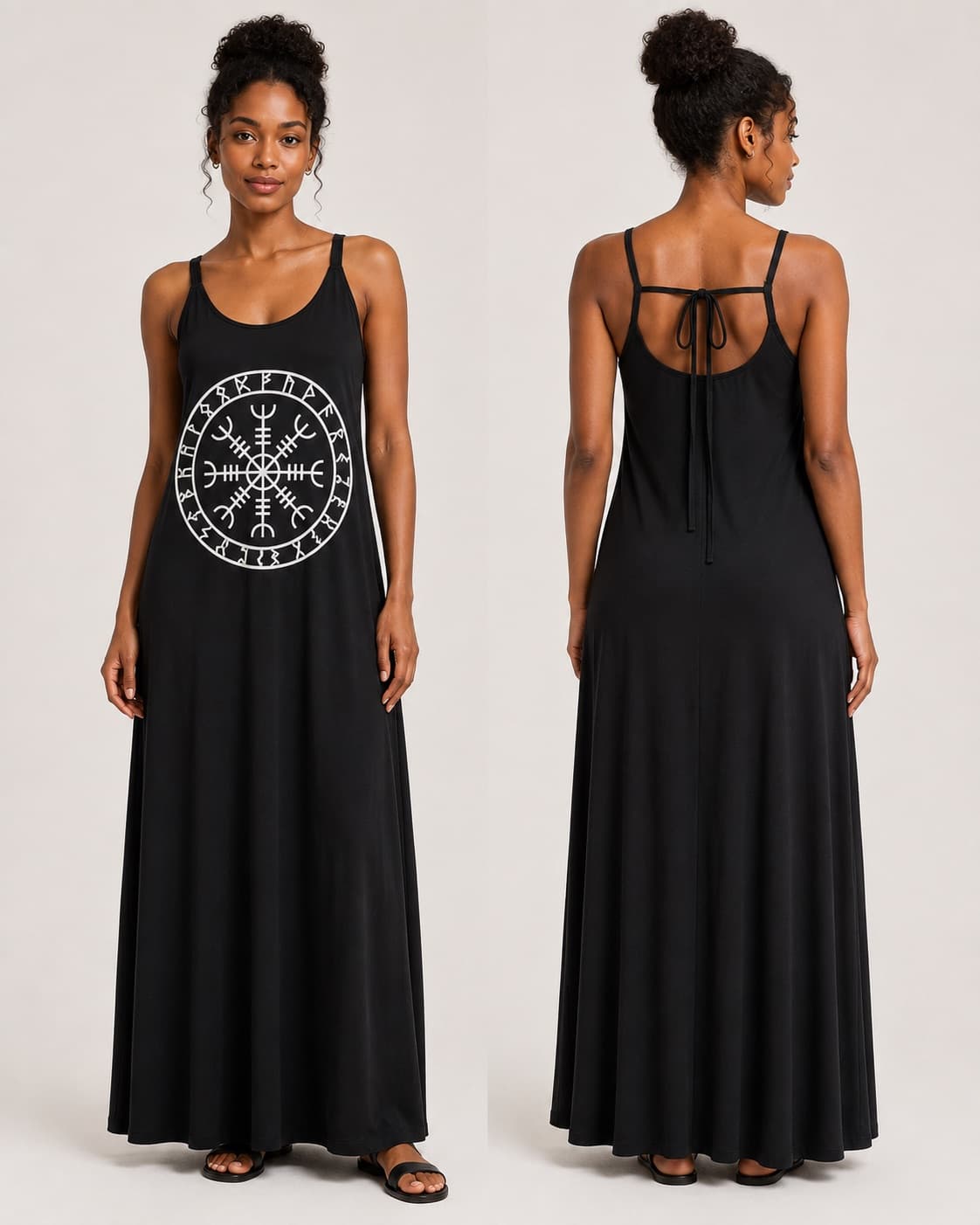 Vestido de Alça Elmo com Alfabeto de Runas — Preto
