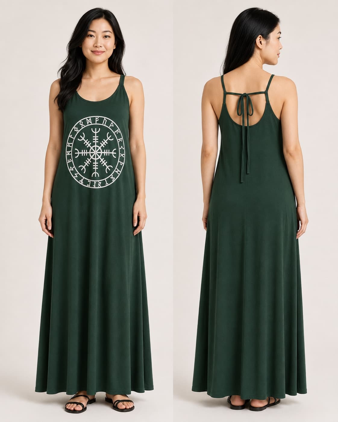 Vestido de Alça Elmo com Alfabeto de Runas — Verde Floresta Escuro