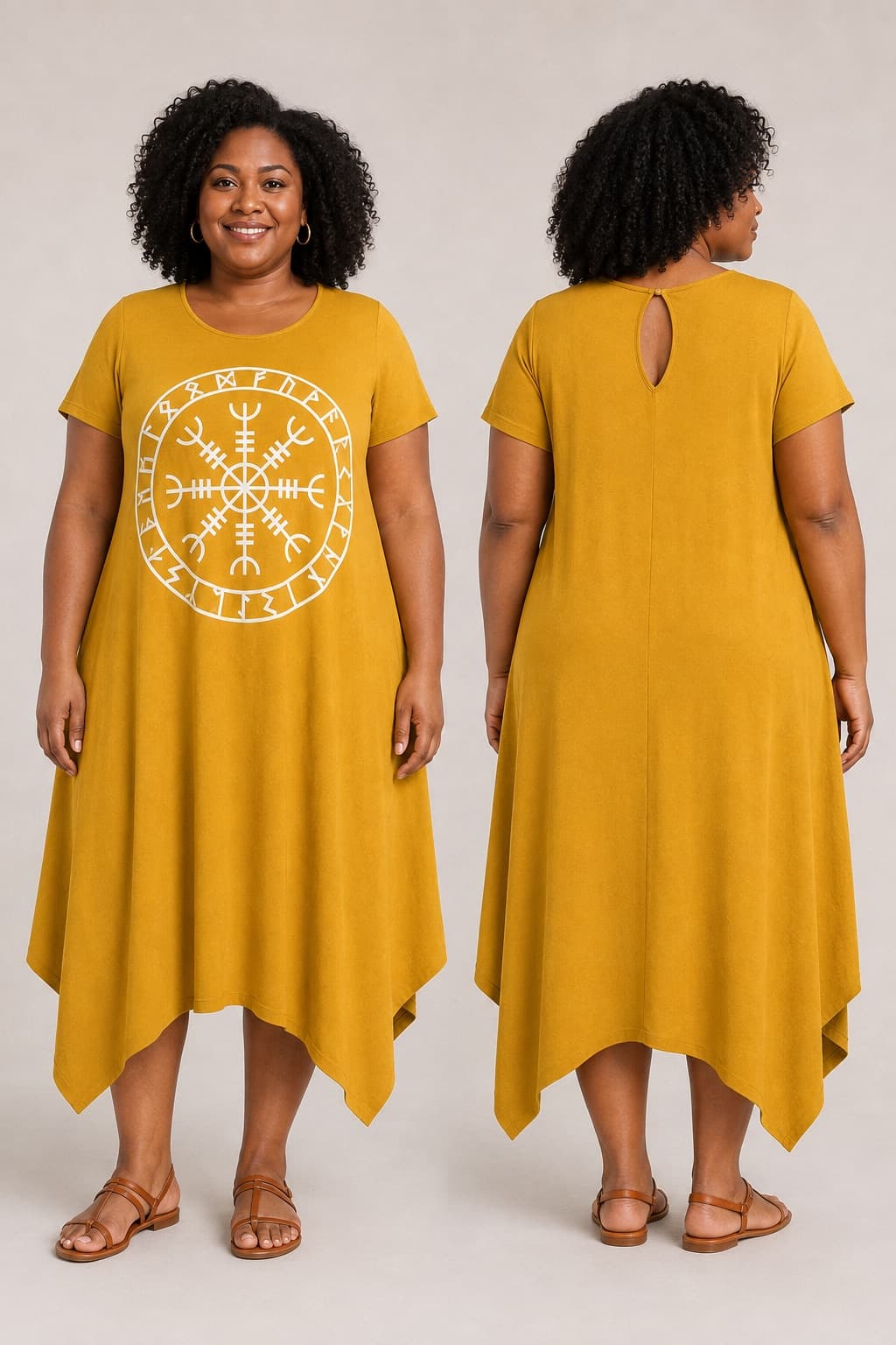 Vestido de Manga Elmo com Alfabeto de Runas — Amarelo Mostarda