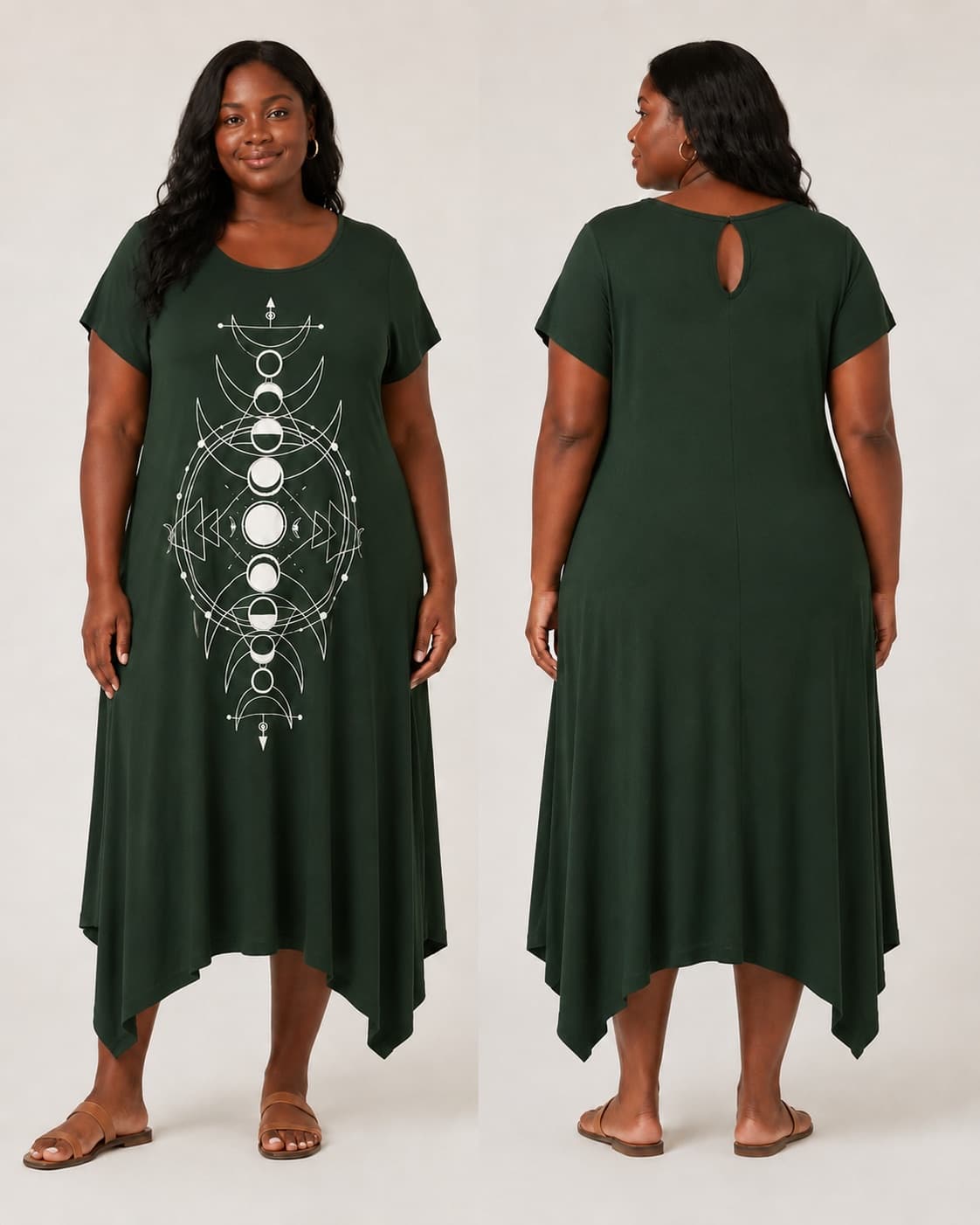 Vestido de Manga Fases da Lua Grande — Verde Floresta Escuro